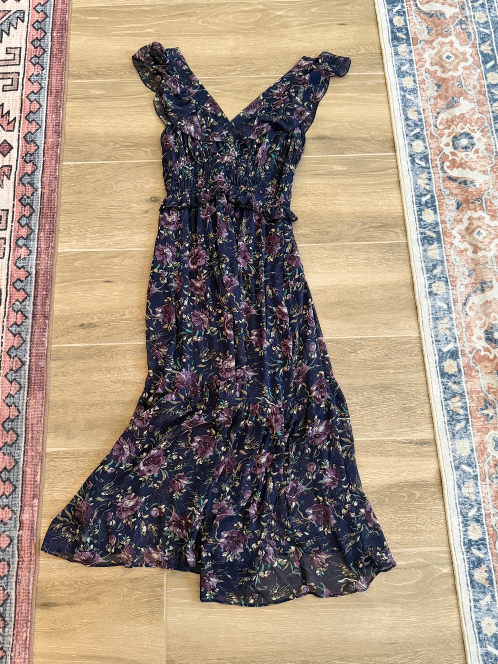 Metallic floral chiffon midi dress Size Large Melloday Nordstrom - Picture 3 of 4